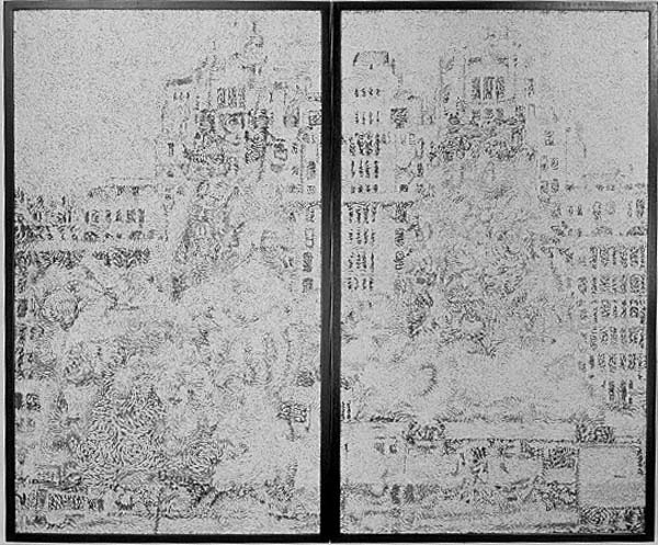 Richard Artschwager - Destruction V, 1972, acrylic on Celotex, with metal frames, two panels