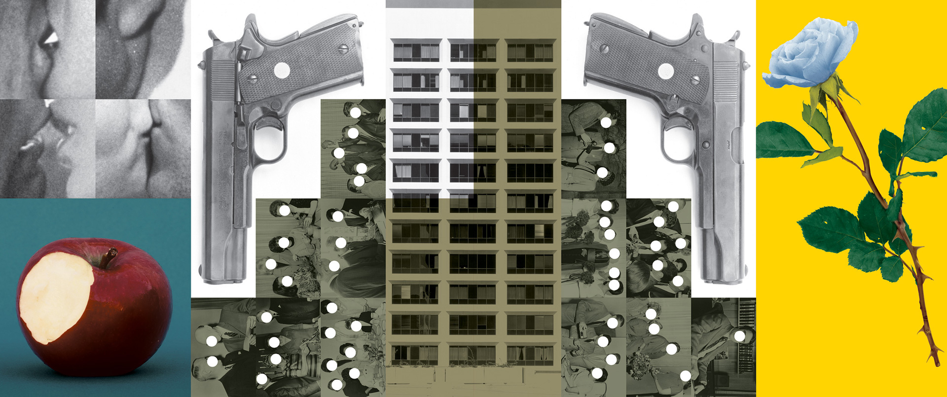 John Baldessari-Buildings=Guns=People:Desire，Knowledge，and Hope（带烟雾），1985年，黑白和彩色照片，乙烯基漆和油彩，安装在五个面板上