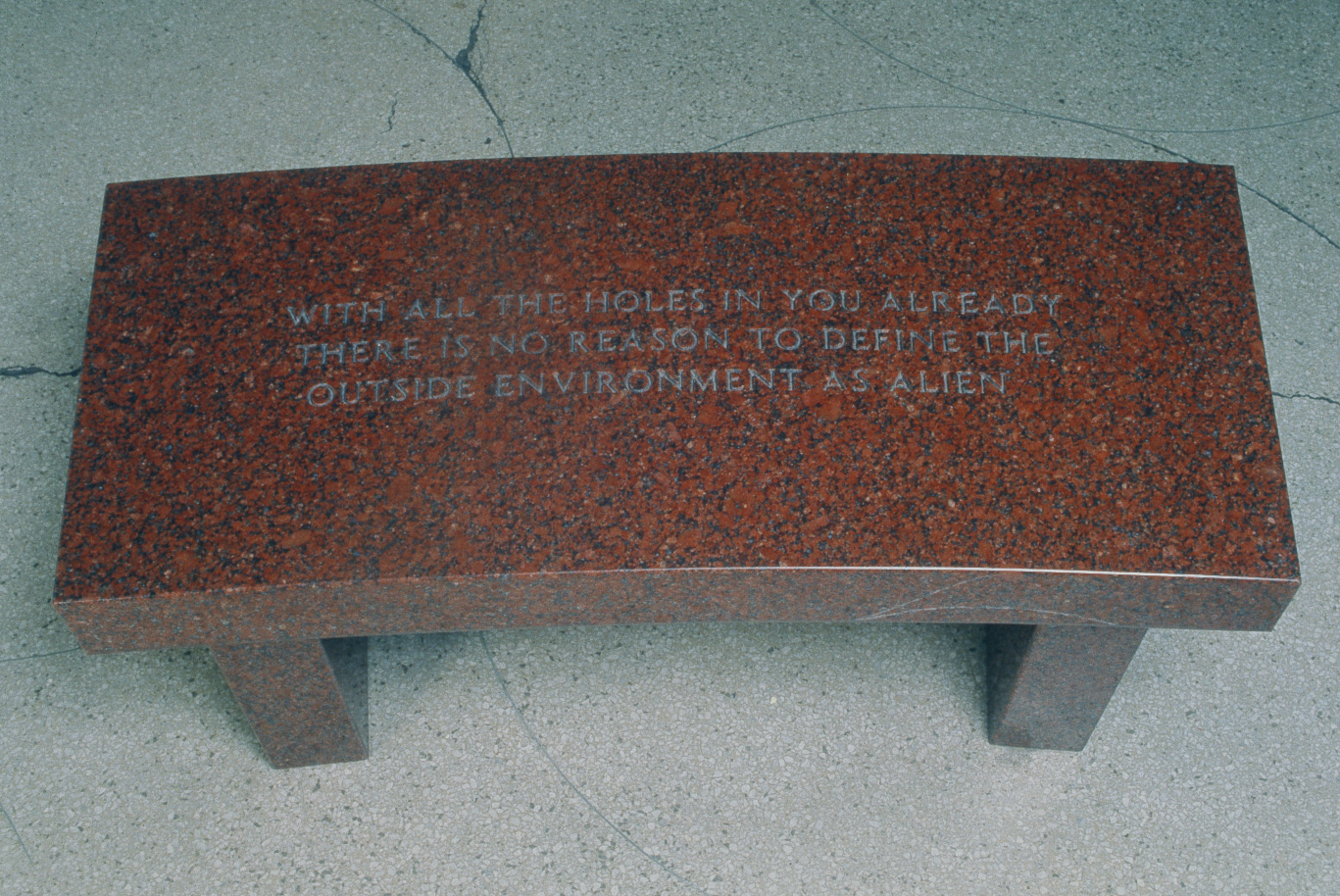 Jenny Holzer - Survival: With all the holes . . ., 1989, Indian red granite bench