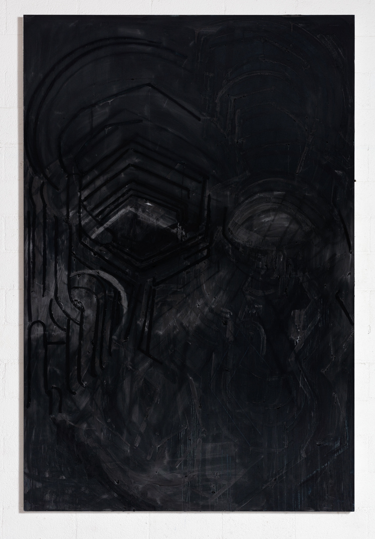 Thomas Houseago  -  Untitled（黑色绘画11），2015-2016，帆布上安装在帆布上的木炭，粉笔和油漆