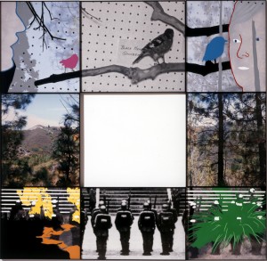 约翰·巴尔代萨里- Junction Series: Two Landscapes, Birds (with People) and Soldiers (at Attention), 2002, digital photographic print with acrylic on Sintra board in 8 parts