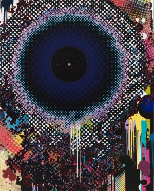村上隆-经纱，2009，丙烯酸，铂叶，和金叶在帆布上安装在铝框架